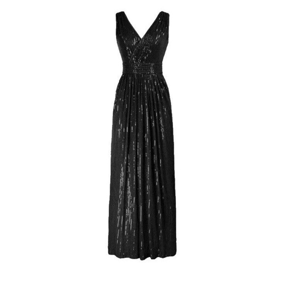 NWT Kate Kasin Long Black Sequin Maxi Dress 2 XS‎ Womens Sleeveless V Neck - Picture 2 of 12